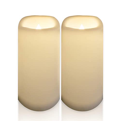 Image of CANDLE CHOICE Waterproof Outdoor Battery Operated Flameless Candles with Timer Large Plastic Resin Bright Flickering Electric LED Pillars Lantern Garden Wedding Christmas Decorations 4 inch(D)x10 inch(H) 2PCS