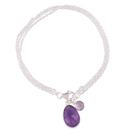 Image of NOVICA Artisan Handmade Amethyst Charm Bracelet Sterling Silver from India Purple Birthstone [7.5 in L x 0.2 in W Largest Piece 0.7 in H x 0.4 in W x 0.2 in D Smallest Piece 0.4 in H x 0.3 in W x 0.1]
