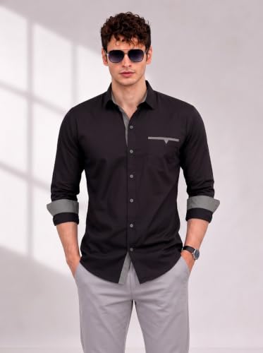 Image of Diverse Men's Cotton Shirt for Men | Regular Fit Full Sleeve Solid Casual Shirt with Spread Collar, Stylish Pocket Design, Standard Length | Formal Office Wear