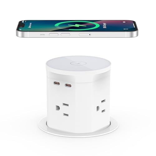 Pop up Outlet for Countertop with 15W Wireless Charger 3.35 (85mm) Desk Hole Power Grommet 4 Outlets 2 PD20W USB-C Ports Pop Up Power Outlet for Kitchen Countertop Office Conference Table (White)