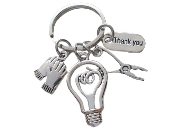 Electrician or Housekeeping Appreciation Keychain with Light Bulb, Pliers, Work Gloves & Thank You Charm, Employee Appreciation Keychain