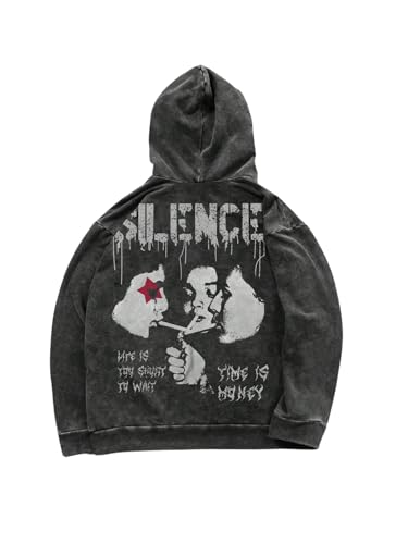 Verdusa Men's Washed Graphic Hoodies Vintage Oversized Hoodies Hip Hop Streetwear Sweatshirt