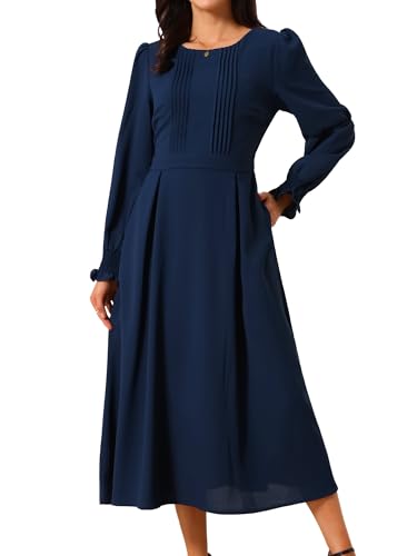 Image of Seta T Women's Fall Dress Frilled Long Sleeve A-Line Casual Midi Dresses | Crewneck, Smocked Cuff, Front Pleated, Pockets, Flowy and Lightweight, Party Elegant Outfit 2026