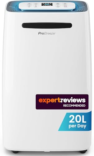 Pro Breeze 20L/Day Smart Dehumidifier with Digital Humidity Display Sleep Mode Continuous Drainage Laundry Drying and 24 Hour Timer - Ideal for Damp and Condensation