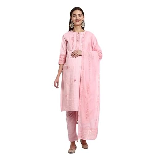 MUMZHUG Cotton Lurex Embroided Kurta with Trouser and Dupatta for Feeding and Maternity Pink