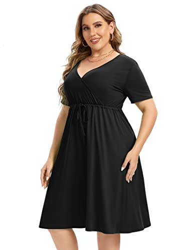 Image of ShopWonder Plus Size Dress Women's V Neck A-Line Knee Length Wrap Swing Dresses Plus Size A Line Party Mini Dress