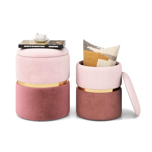 COSTWAY Lot de 2 Poufs Rangement en Tissu Lin, Pouf Coiffeuse Empilable, Garniture Argentée, Coussinets Antidérapants, Siège Rembourré, Tabouret Rond pour...