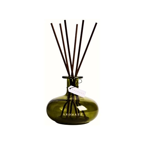 Image of AROMAZZ Reed Diffuser with Olive Green Glass Vessel, Decorative Fragrance Set with Dark Brown Reeds Subtle Calming Spa-Like Home Fragrance - Long Lasting Scent Cypress & Fir