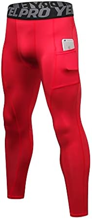 EARGFM Men's Compression Workout Gym Pockets Running Baselayer Pants, Red, Large