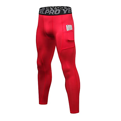Eargfm Men's Compression Workout Gym Pockets Running Baselayer Pants, Red, Large #TOP26