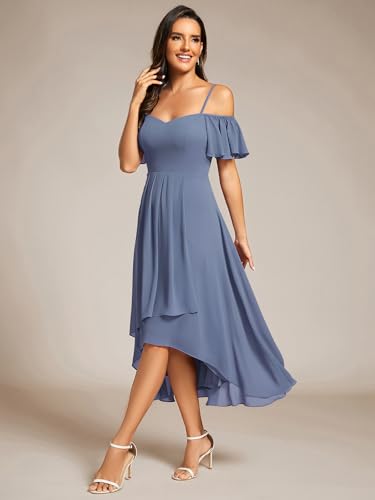 Image of Ever-Pretty Women's Summer Cold Shoulder Hi-Lo Asymmetrical Hem Flowy Chiffon Short Wedding Guest Dress 02103