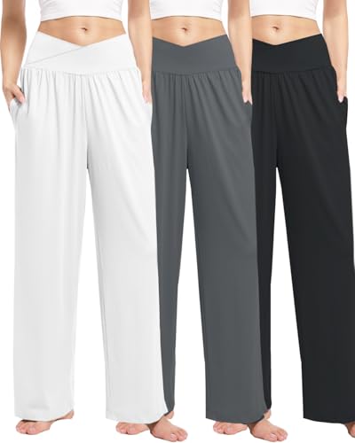 3 Pack Womens Wide Leg Yoga Pants Crossover High Waisted Casual Loose Lounge Sweatpants with Pockets