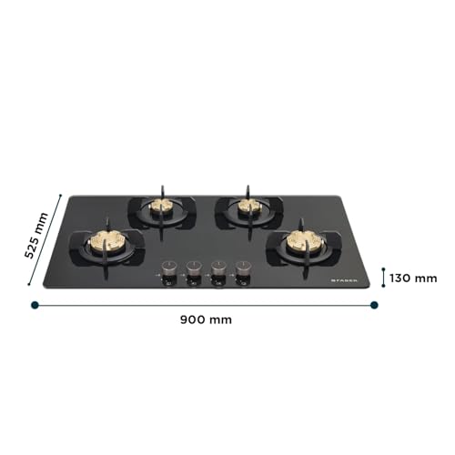 Image of Faber 4 Burner 90cm Hob /Cooktop Hybrid | Auto-Ignition| Metal Knobs|Cast Iron Pan Support|Black Glass Finish |5 Yrs Warranty on Glass,Valve & 2 Yrs on Burner by Faber| HOB PRIME HT904 CRS BR CI AI IN