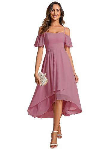 Image of Ever-Pretty Women's Summer Cold Shoulder Hi-Lo Asymmetrical Hem Flowy Chiffon Short Wedding Guest Dress 02103