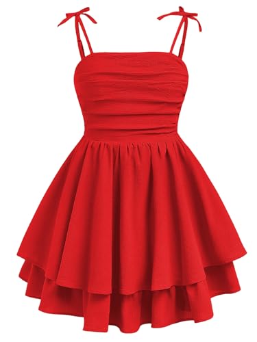 Image of SHENHE Girl's Smocked Ruched A Line Swing Dress Layered Tie Shoulder Flowy Cami Short Dress