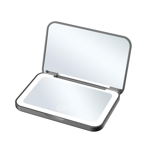CHICGADGETS Miroir de Poche, Grossissant 1X/2X, Bande LED à lumière Douce Tricolore, La luminosité de l'éclairage est réglable (de 5% à 100%), Batterie...