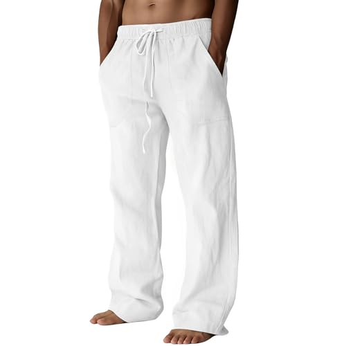 Puimentiua Cotton Linen Pants Men Casual Loose Fit Elastic Drawstring Waist Summer Beach Pants(White L)