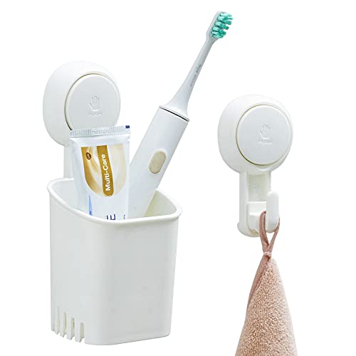 Image of TAILI Patented Suction Cup Toothbrush Holder, Stainless Steel Anti-Puddling Shower Toothbrush Holder, No Drilling Removable Organizer for Bathroom Toothpaste, Razor, Kitchen and Office Items, Cream