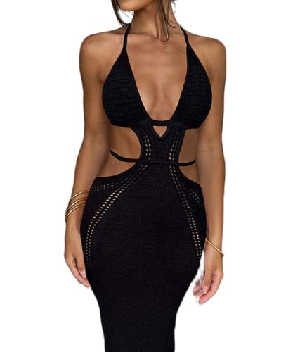 Image of NUFIWI Women Backless Hollow Out Long Dress Sexy Knitted Maxi Dress Bodycon Spaghetti Strap Cocktail Party Midi Dress