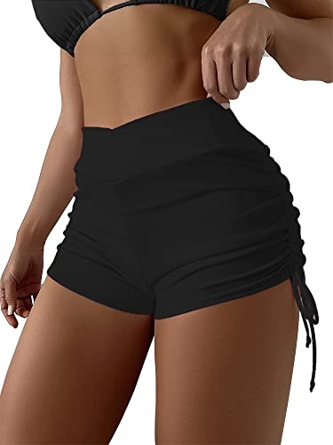 SherryDC Women High Waisted Swim Shorts V Cut Bikini Swimsuit Bottoms Drawstring Ruched Bathing Suit Board Shorts