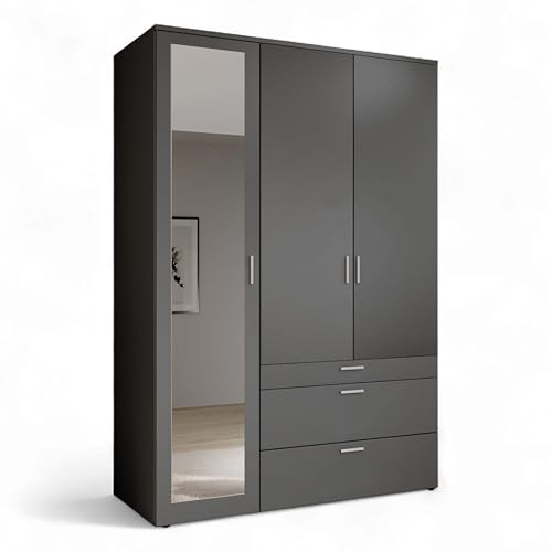 Stella Trading VESALA Kleiderschrank mit Spiegeltür in Graphit - Vielseitiger Drehtürenschrank 3-türig für Ihr Schlafzimmer - 135 x 195 x 56 cm...
