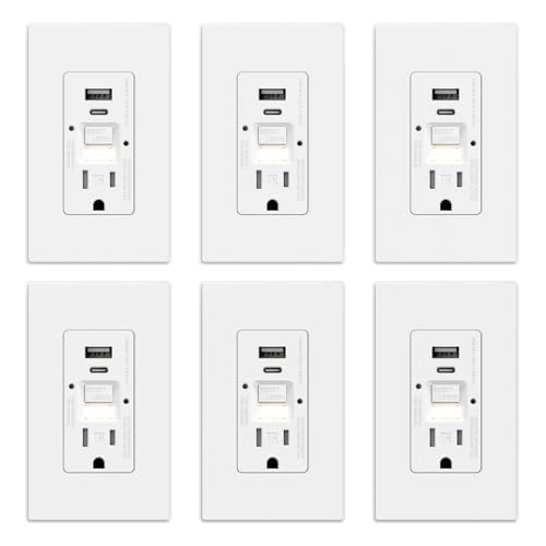 ELEGRP GFCI Outlet with USB Ports and Nightlight, 15 Amp Self-Test GFCI Combination with USB Ports, Tamper Resistant GFCI USB Outlet w/Nightlight, Wall Plate Included, UL Listed, Matte White, 6 Pack