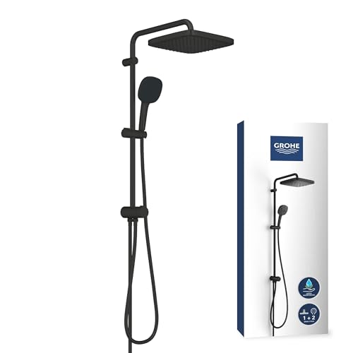 GROHE Vitalio Comfort 250 Flex Exposed Shower System with Diverter (Square 25 cm Head Shower 2 Sprays 11 cm Hand Shower 2 Sprays 2 Shower Hoses: 1.25m & 1.5m Water Saving) Matt Black 266982431