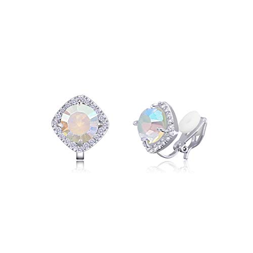 YOQUCOL 7mm AB Color Cubic Zirconia Crystal Clip On Square Non Pierced Stud Earrings For Women Girls