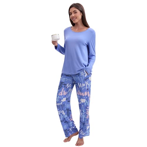 Women’s Soft Pajama Set Long Sleeve Tops and Full Length Pajama Set Sleepwear with Dream Print Two Piece Pjs2