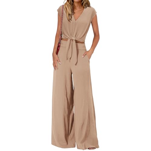 Women's Summer 2 Piece Outfits Casual Cap Sleeve V Neck Belted Crop Tops Wide Leg Palazzo Pant Sets Tracksuit2