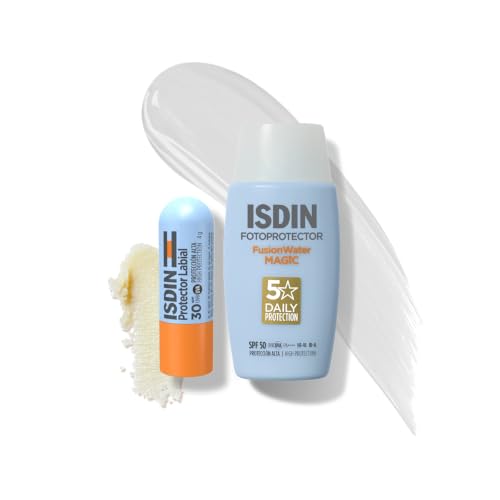 ISDIN Fotoprotección Pack Fusion Water MAGIC SPF 50, Protector Solar Facial de Textura Ultraligera y Fase Acuosa 50 ml y Protector Labial SPF 30 que Protege, Repara e Hidrata los Labios 4 g