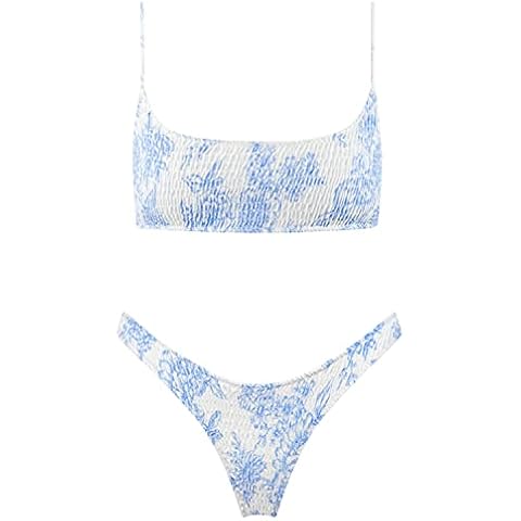 VOLAFA Women's Triangle Bikini Set Smocked Textured Scoop Frilled Print Ruched Elastic Swimsuit Two Piece Bathing Suit (Light Blue, Small) Cover