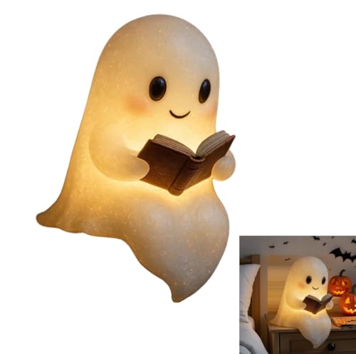 Cute Ghost Reading Book Lamp, New Halloween Light Up Ghost Statue Night Light with Smile, Halloween Home Office Decor, Funny Indoor Ghosts Figurine Decor for Bedroom Living Room (1PCS)