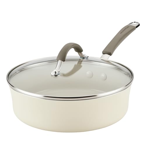 Rachael Ray Cucina Ceramic Nonstick Saute Pan with Lid, 3 Quart Non Stick Sauteuse Pan, Dishwasher Safe - Almond
