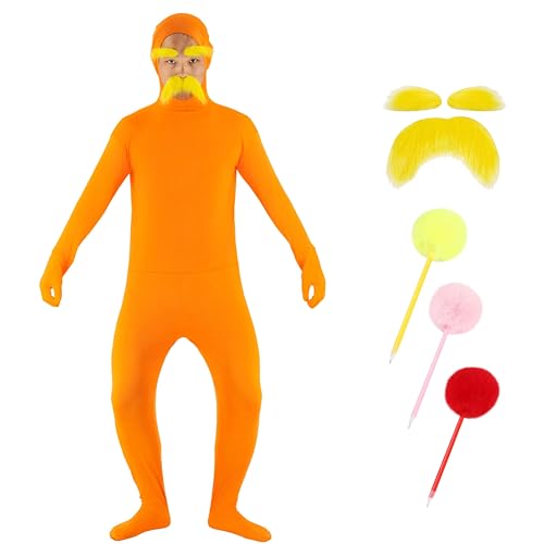 JUIWAULY Orange Halloween Costume with Yellow Mustache Eyebrows Adult Open Face Bodysuit Men Women Full Body Zentai Jumpsuit M