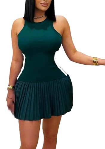 Summer Short Tank Dress Women Stretch Sleeveless Pleated A-line Casual Athletic Sport Dresses for Women