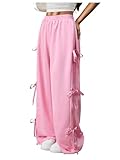 Verdusa Women's Baggy Sweatpants Elastic Waist Casual Bow Wide Leg Pants with Pocket Y2K Going Out Travel Pants Pink Large