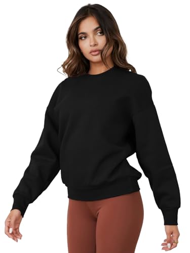 Image of LEOTUDE Women's Boyfriend-Loose Fit Round Neck Solid || Sweatshirt for Women (Color Black) |Material: Loopknit