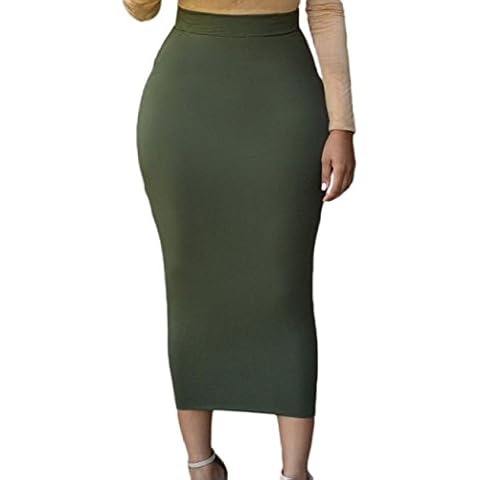 SEBOWEL Women Office Pencil Skirt Stretch High Waist Midi Maxi Bodycon Skirt Green M Cover