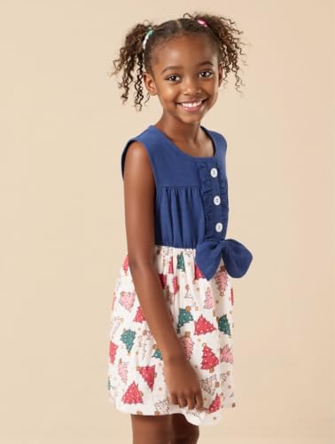 Image of Unique Baby Girls Sleeveless Denim Dress with Knot Tie and Fun Print for Toddler and Big Kids