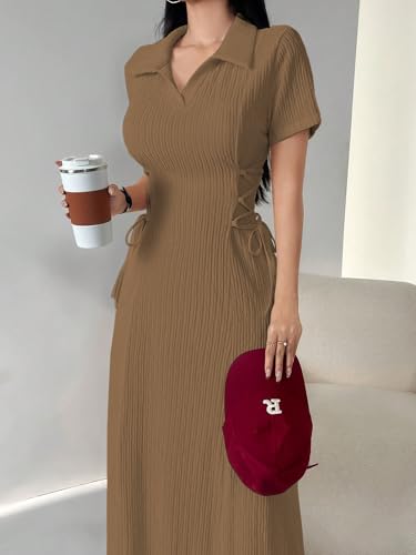 Image of Shasmi Women's Solid Color Applique Lace-Up Collared Short Sleeve, Side-Tie Waist Long Casual Maxi Women Dress Outfit Long Evening Midi Western Party Dress for Women (Dress 211)