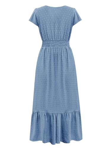 Image of CzzzyL Women Nursing Boho Maxi Dresses Cap Short Sleeve V Neck Swiss Dot High Waisted A-Line Ruffle Tiered with Pockets