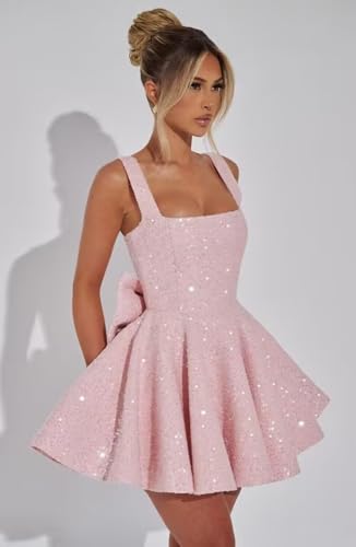 Square Neck Sequin Homecoming Dress Spaghetti Straps Short Prom Dresses A Line Cocktail Party Gown with Bow4