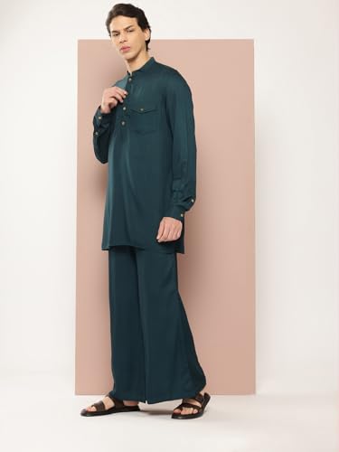 Image of See Designs Men's Long Sleeve Curved Hem Mandarin Collar Rayon Solid Pathani Sets
