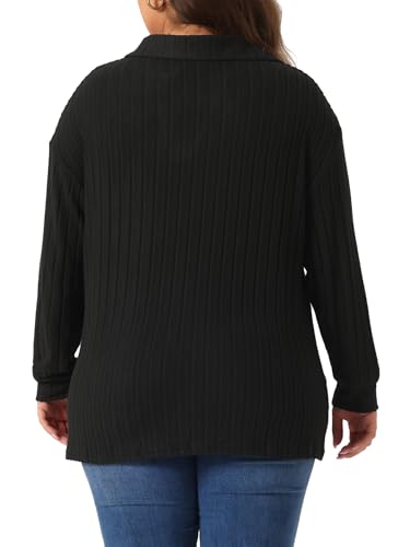 Image of Agnes Orinda Women's Plus Size Loose Polo V Neck Long Sleeve T Shirts Tops Collared Ribbed Brushed Top Sweater Casual