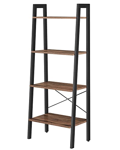 VASAGLE Regal, Bücherregal mit 4 Ebenen, Leiterregal, Standregal, für Wohnzimmer, Schlafzimmer, Küche, Homeoffice, Industrie-Design, Stahlrahmen, Haselnussbraun-schwarz LLS044B03, 56 x 34 x 137.5 cm