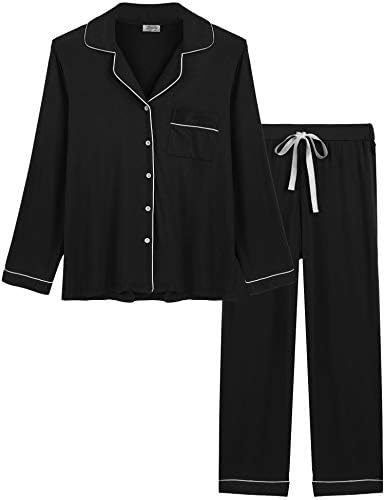 Joyaria Womens Soft Jersey Knit Button Down/Up Long Sleeved Pajama/Pj/Sleep Sets(Black, XXL)