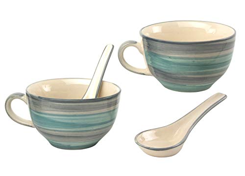 Image of HS Hindustani SAUDAGR Aqua Drift Seagreen Ceramic Bowl Set of 2(300ml Each) Soup Bowl with Handle & Spoon Microwave Safe Bowls katori Ideal for Snacks Rice dal Desserts and Gifting.