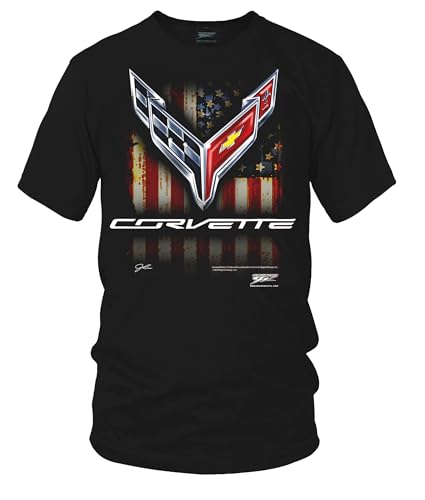 Wicked Metal Corvette C8 American Flag T-Shirt, 100% Cotton, Black, Center Chest Print, Multiple Sizes