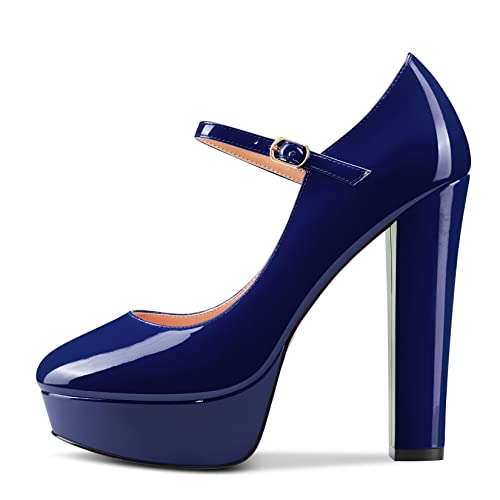 Aachcol Women Platform Mary Jane Chunky Block High Heel Pumps Close Round Toe Ankle Strap Two-Piece Dress Shoes Pumps Party Wedding Patent 5 Inch2
